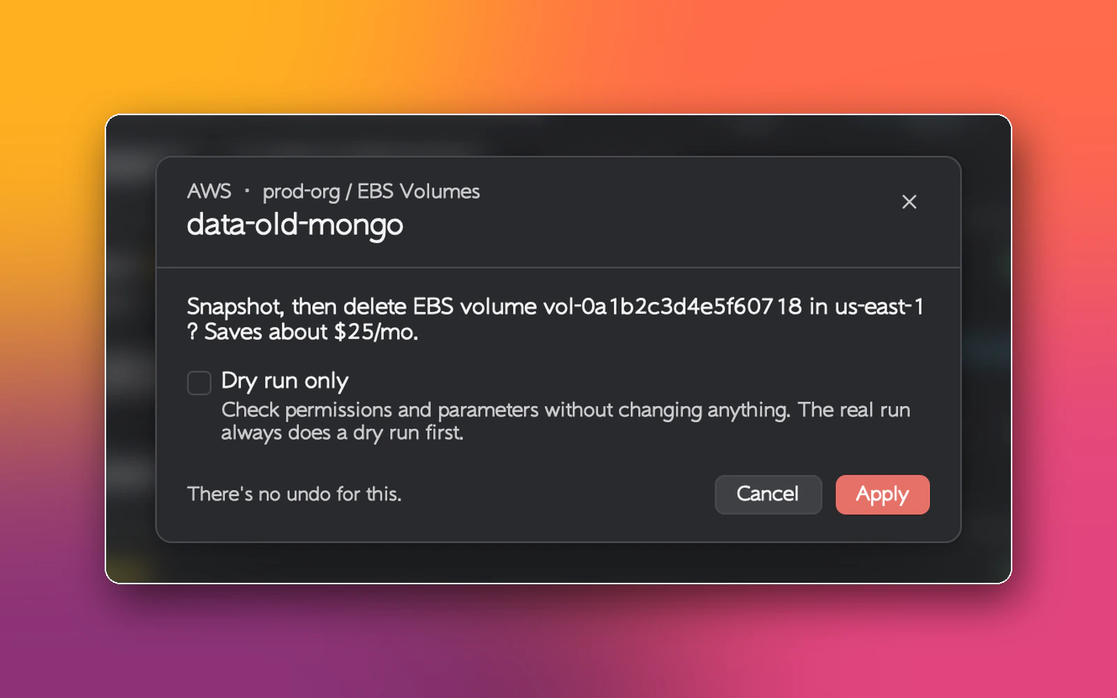 Confirmation dialog to snapshot and delete an unused EBS volume, with a dry run option and the monthly saving (demo data)