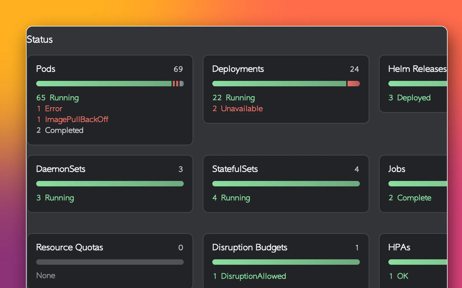 Workload status cards showing running pods, a CrashLoopBackOff, an ImagePullBackOff and unavailable deployments