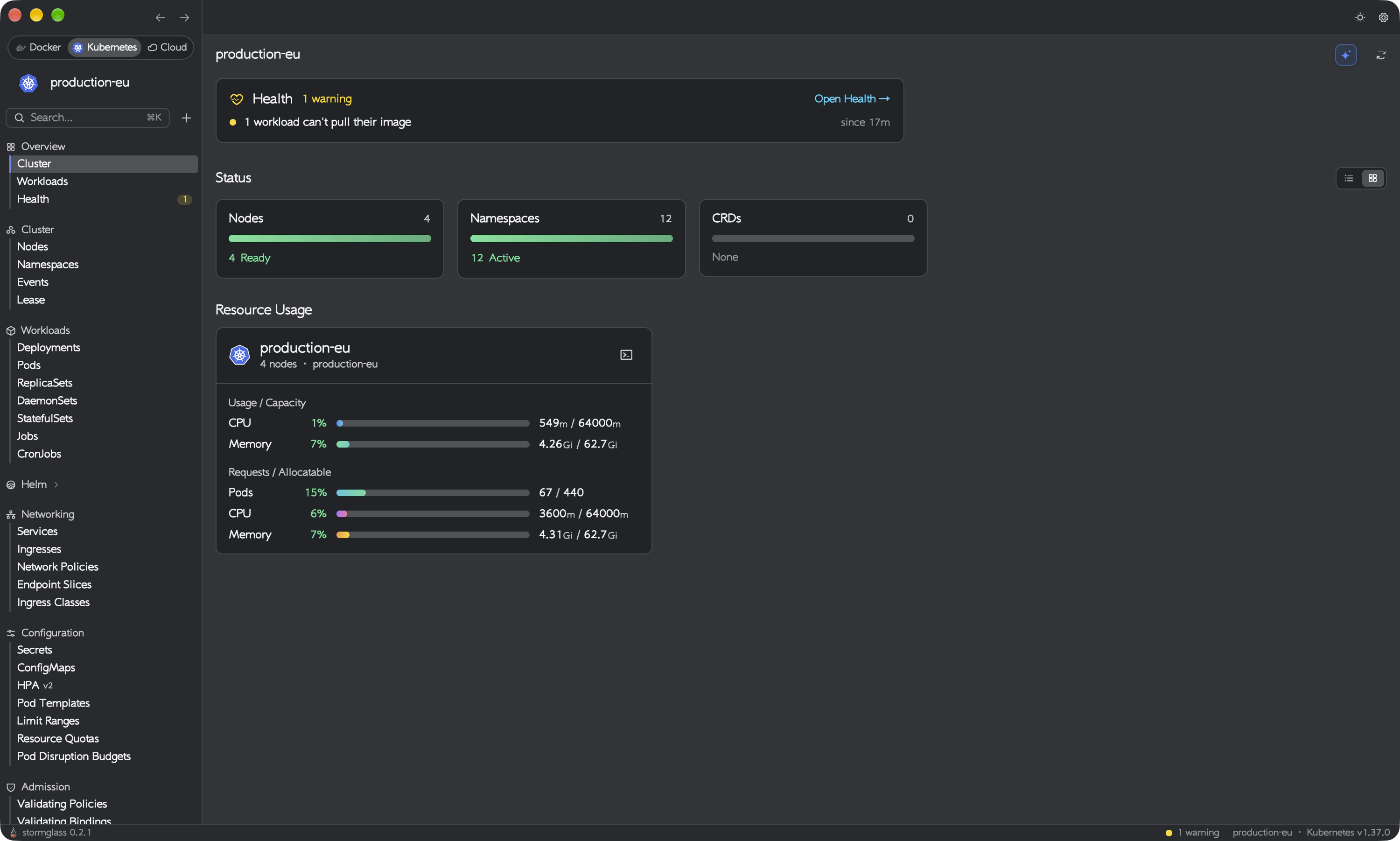 Cluster overview with node, namespace and CRD counts and a resource usage card showing pod, CPU and memory requests