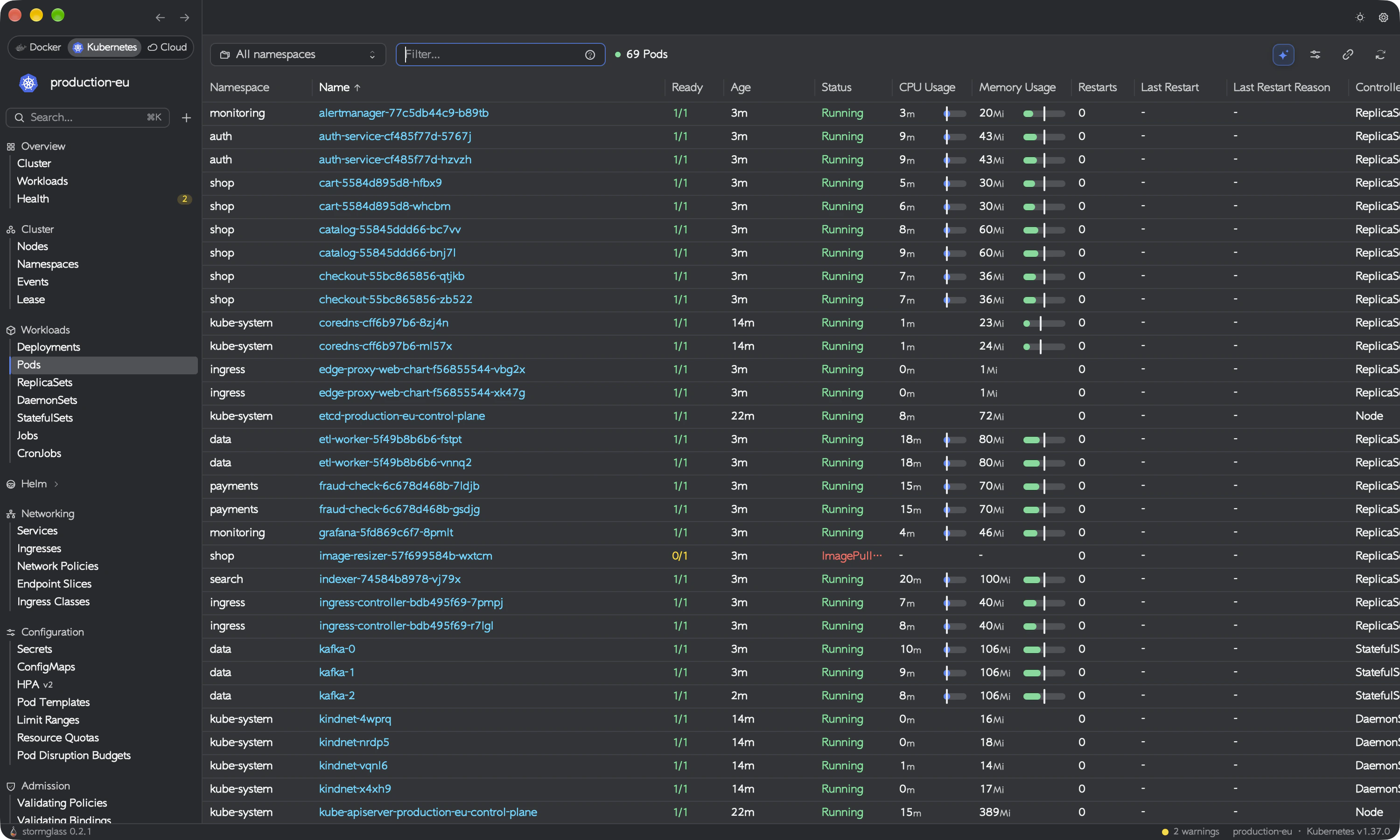 Stormglass showing the Pods list across all namespaces of a local cluster, with ready counts, status, restarts and last restart reason